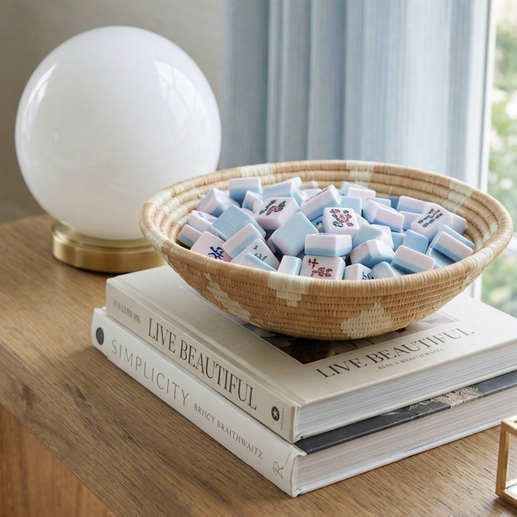 Mahjong Tile Storage Basket Handwoven Sisal Organizer Twelve Inch Diameter Game Storage Solution Fair Trade Rwandan Artisan Crafted Beige White Natural Color Home Organization Essential Perfect Display Holder Ethical Sourcing Premium