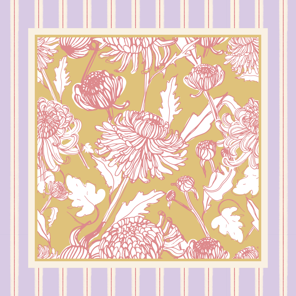 Camellia Cottage mahjong mat - pink and mustard floral chrysanthemum design, non-slip
