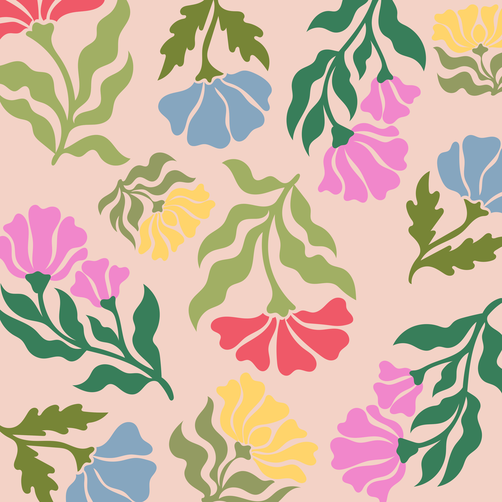 Low Country Lilies mahjong mat - slate blue, pink, and coral floral design on blush background