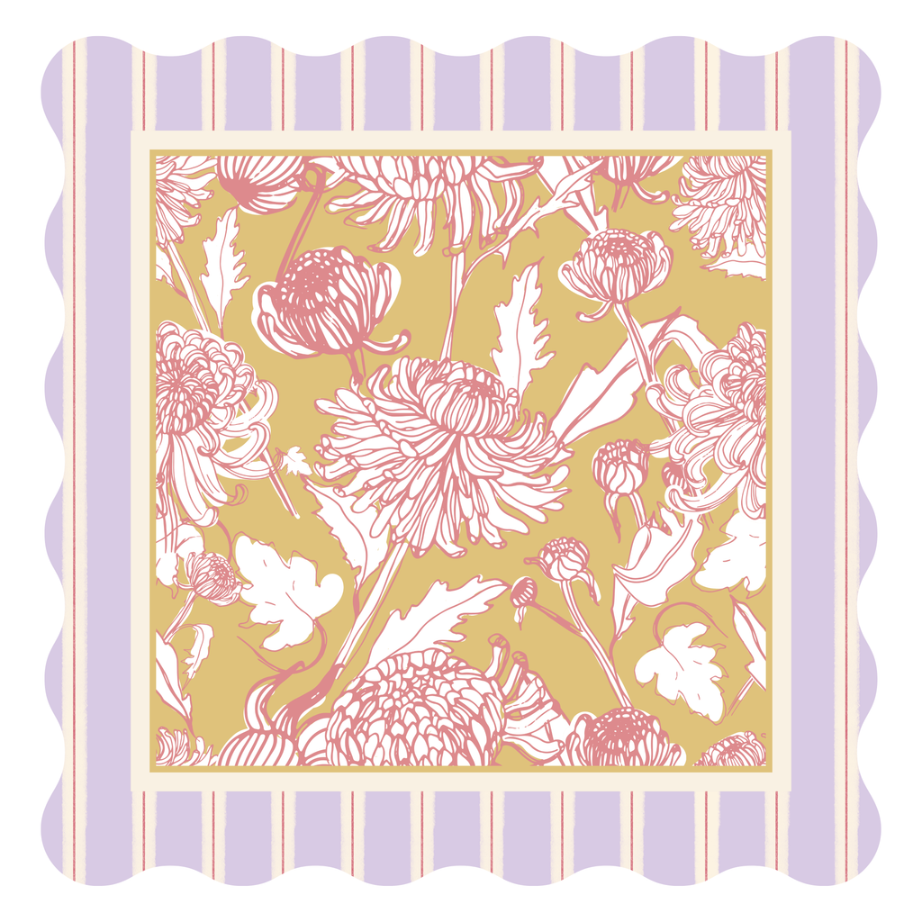 Camellia Cottage leatherette scallop mahjong mat in lavender, mustard gold, and rose