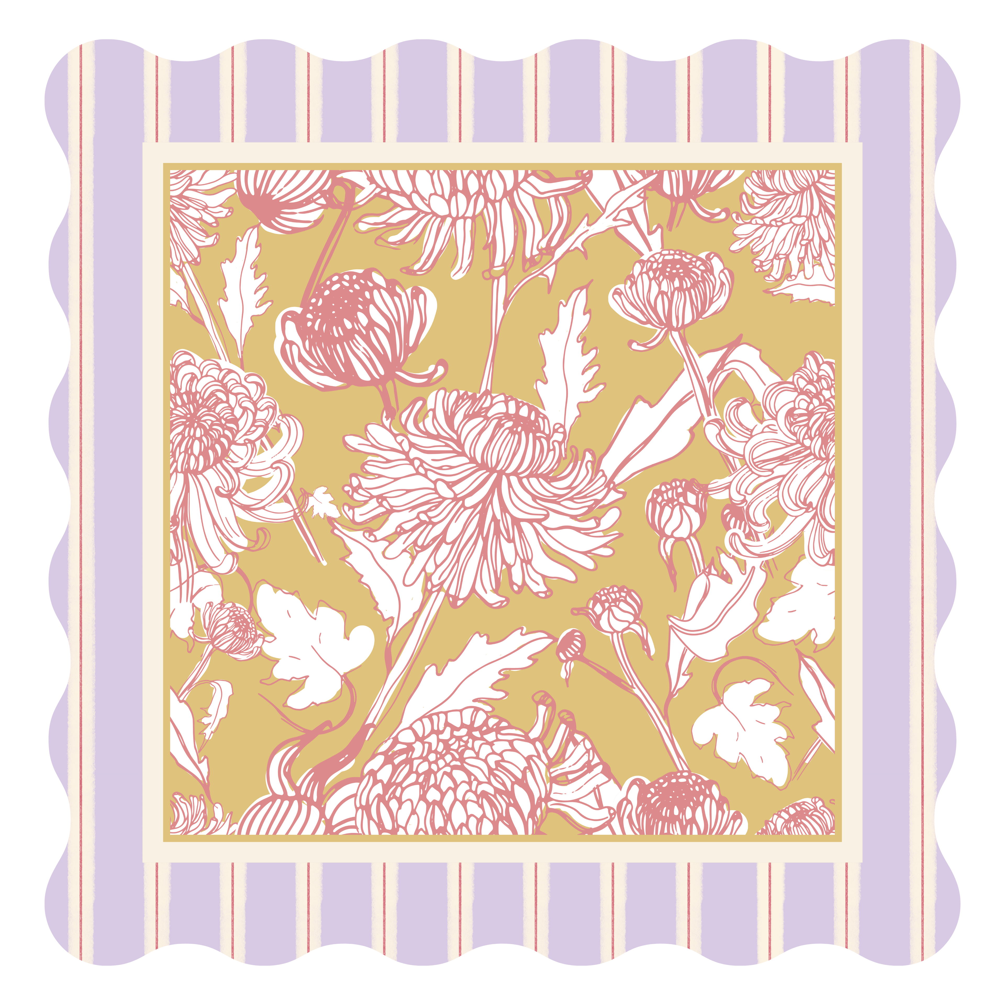 Camellia Cottage leatherette scallop mahjong mat in lavender, mustard gold, and rose