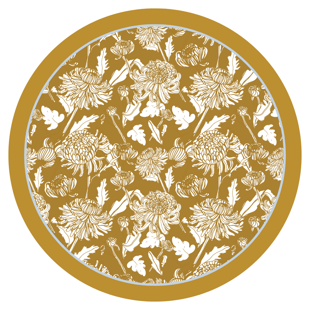 Honeyfield Mum square leatherette mahjong mat with gold and white chrysanthemum print (placeholder image — round mat shown)