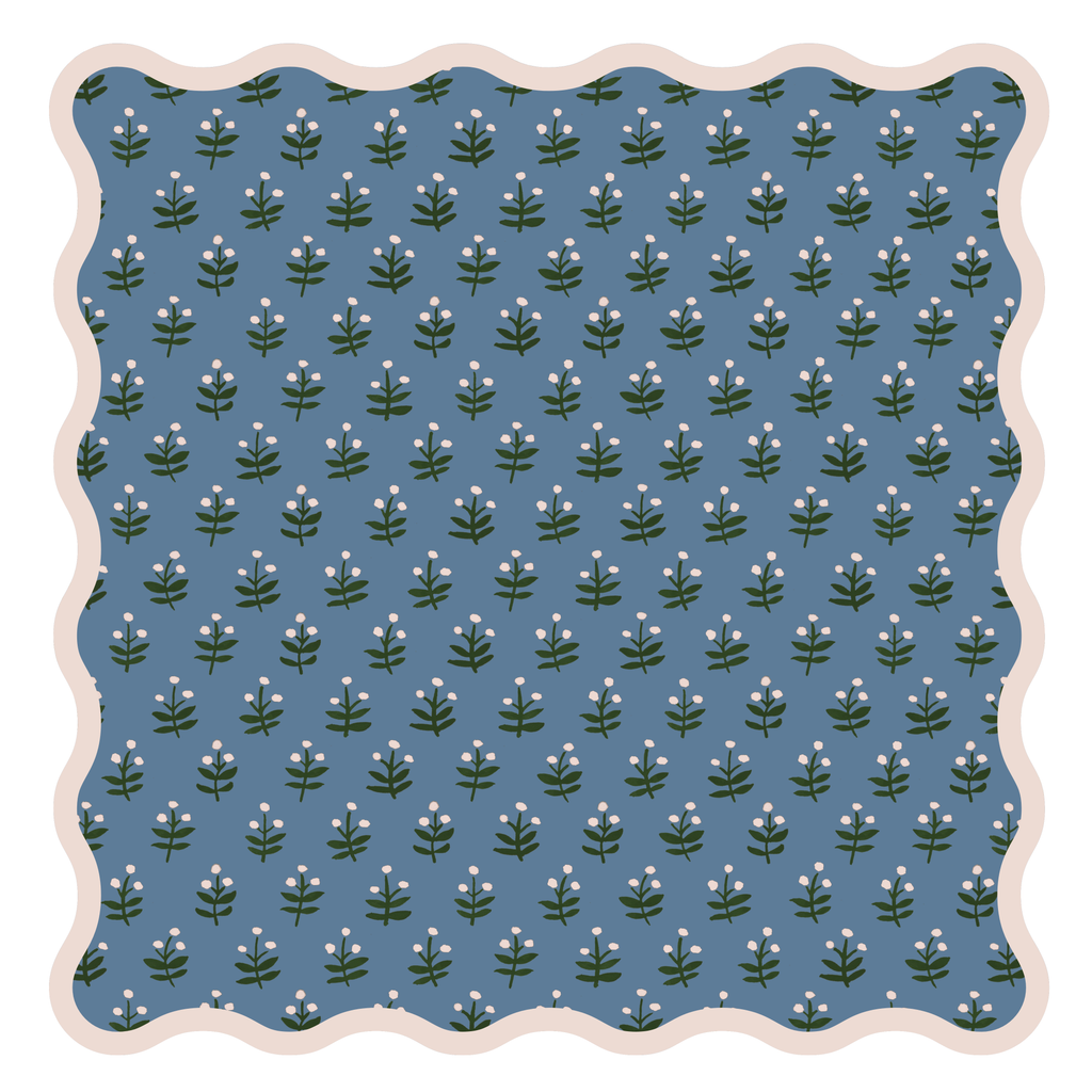 Indigo Bloom leatherette scallop mahjong mat in slate blue and forest green with pink scalloped border