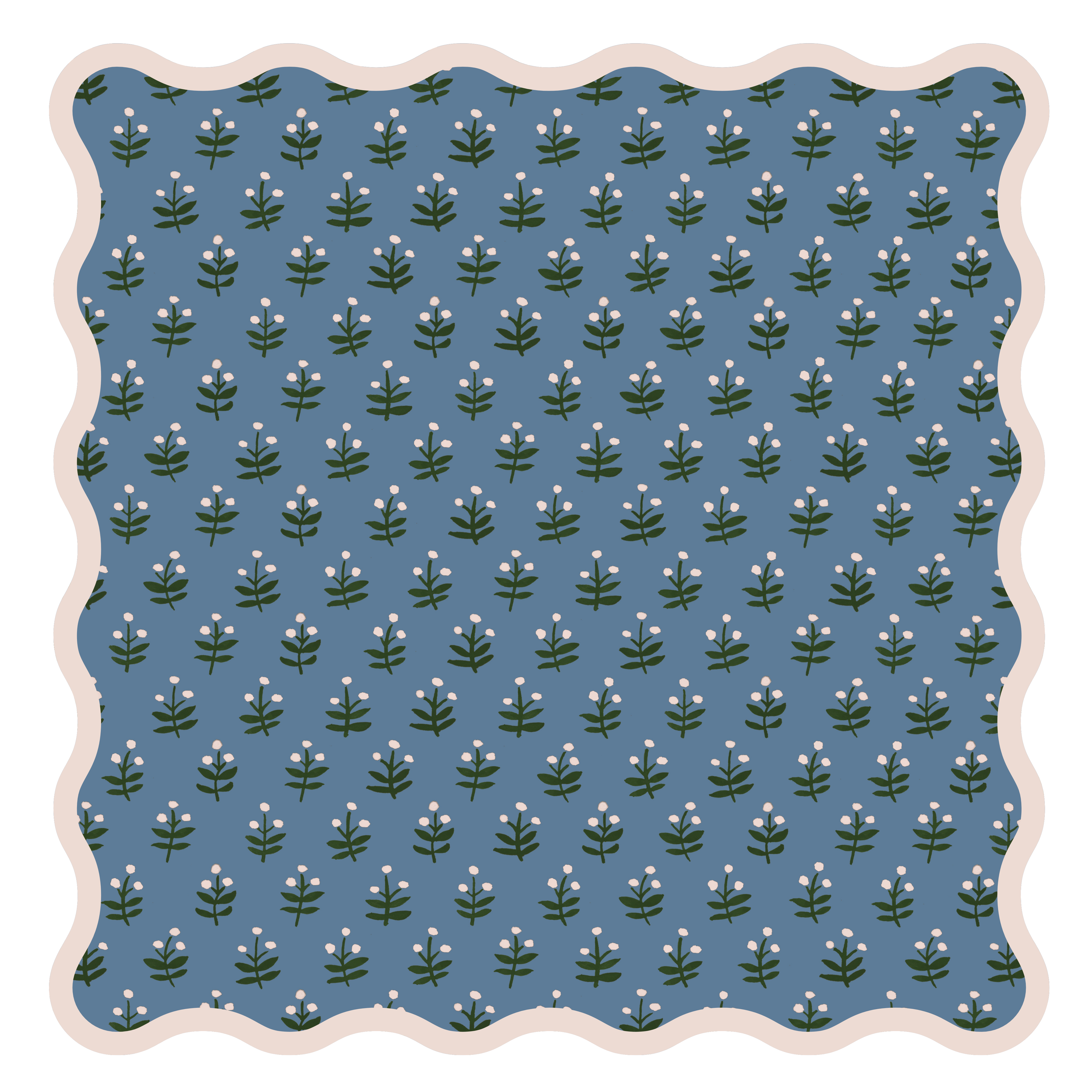 Indigo Bloom leatherette scallop mahjong mat in slate blue and forest green with pink scalloped border