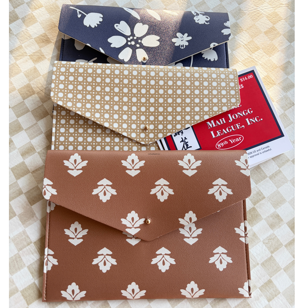 Mahjong Card Holder Organizer PU Leather Clutch Gold Snap Closure Secure Storage Holds Four Plus Cards Large Small Format Providence Floral Classic Cane Sienna Block Pattern Options Game Night Essential Perfect Gift For Mahjong Players