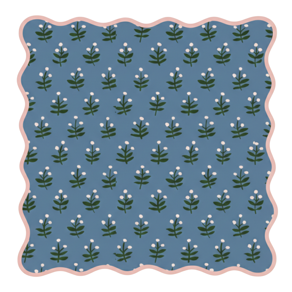 Indigo Bloom mahjong mat - slate blue and forest green floral with pink scalloped border