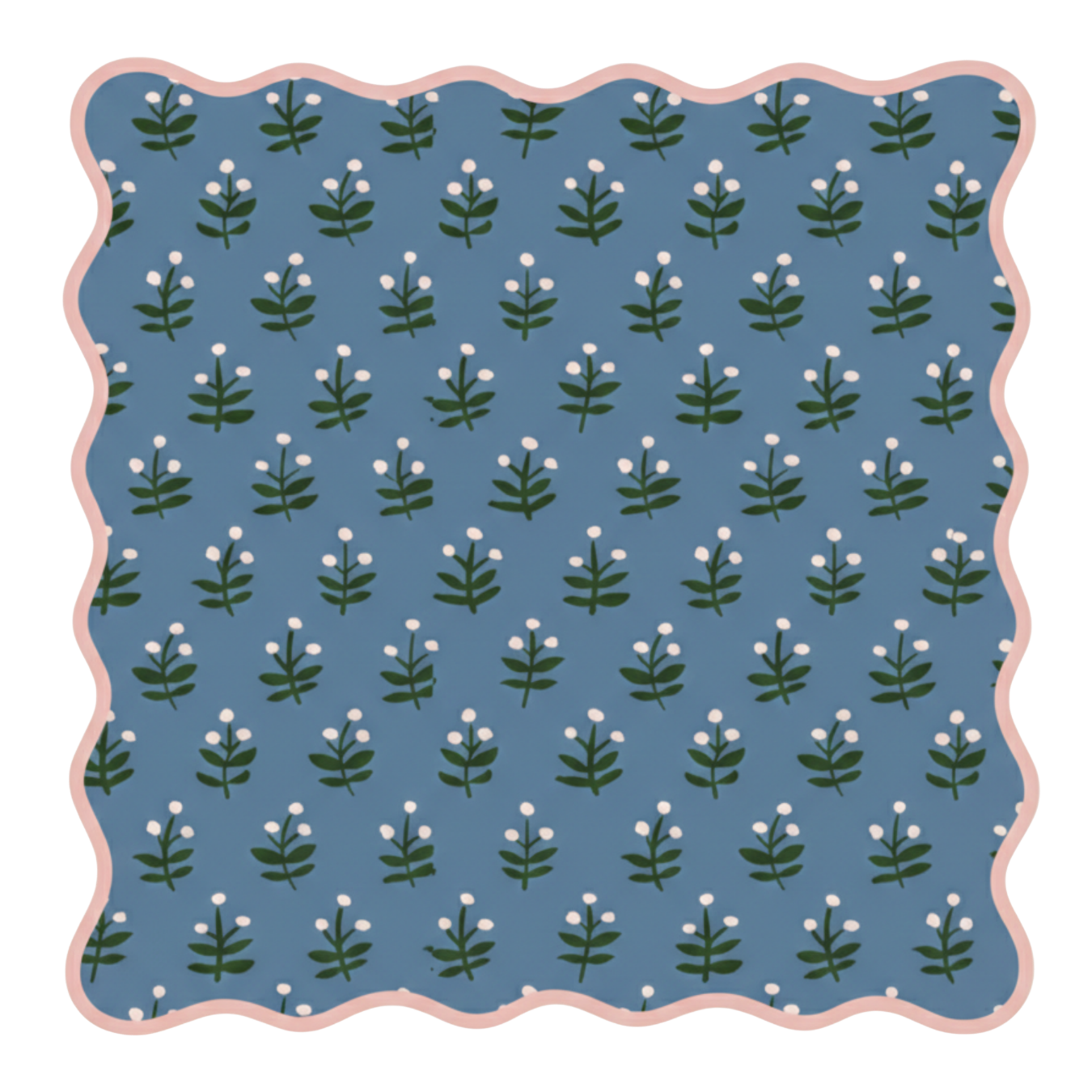Indigo Bloom mahjong mat - slate blue and forest green floral with pink scalloped border