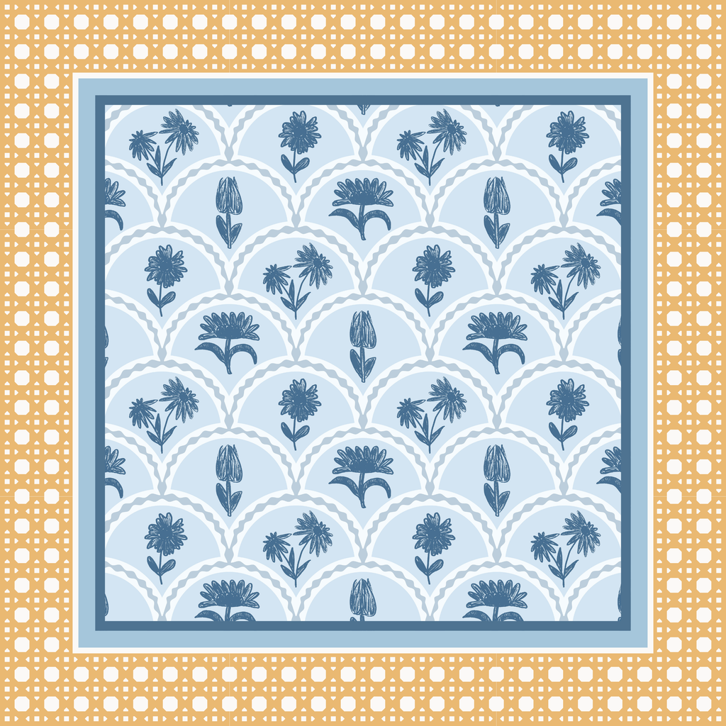 Cane & Coast mahjong mat - sky blue and mustard gold coastal floral design