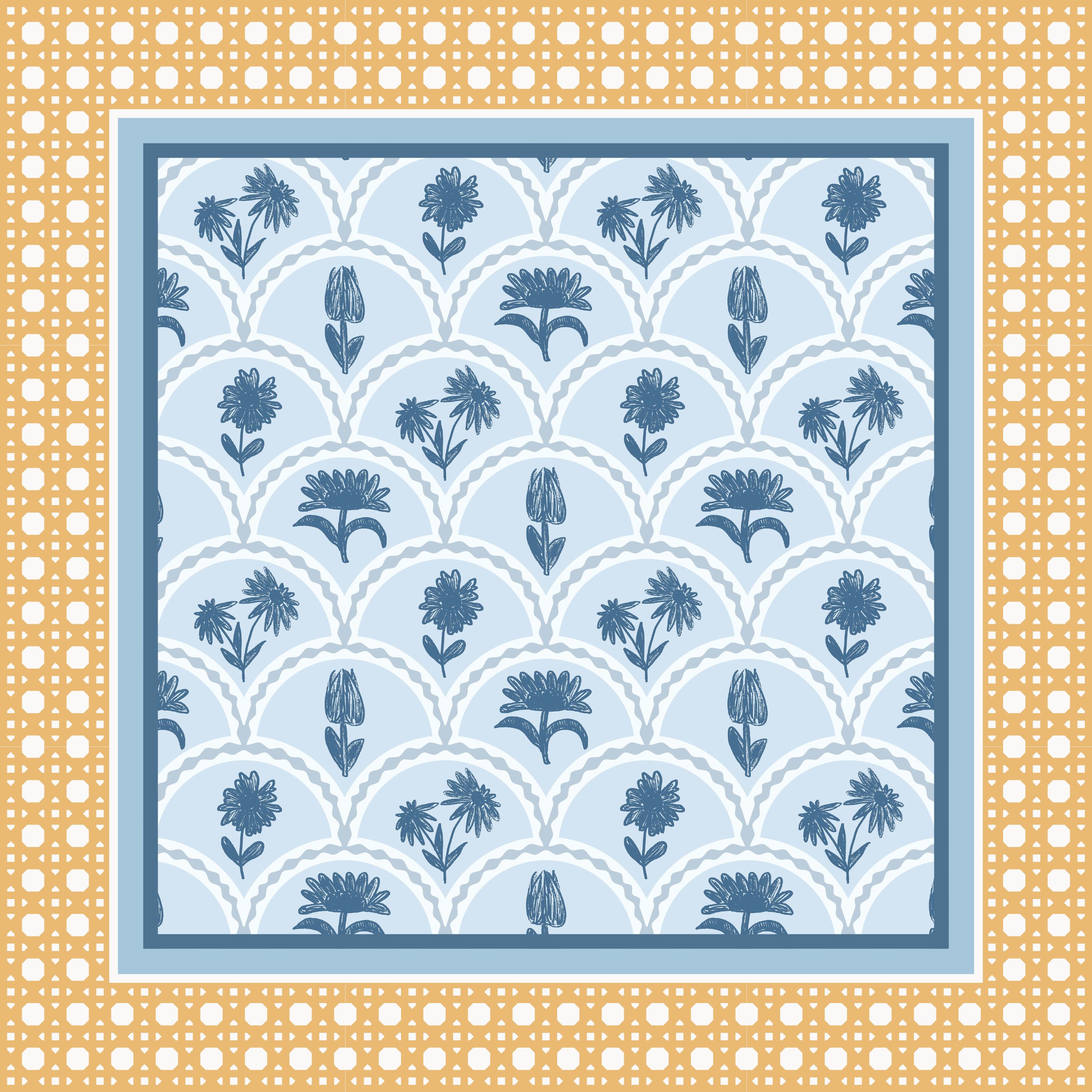 Cane & Coast mahjong mat - sky blue and mustard gold coastal floral design