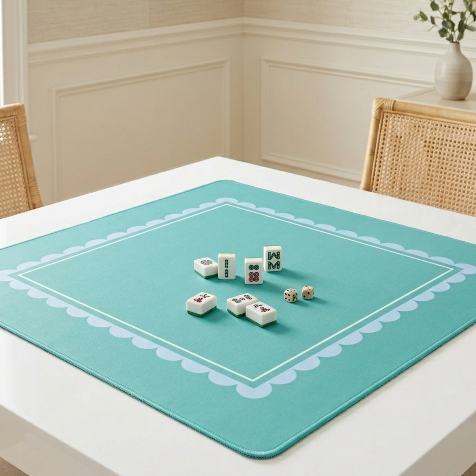 Bright Series: Seafoam mahjong mat styled on game table