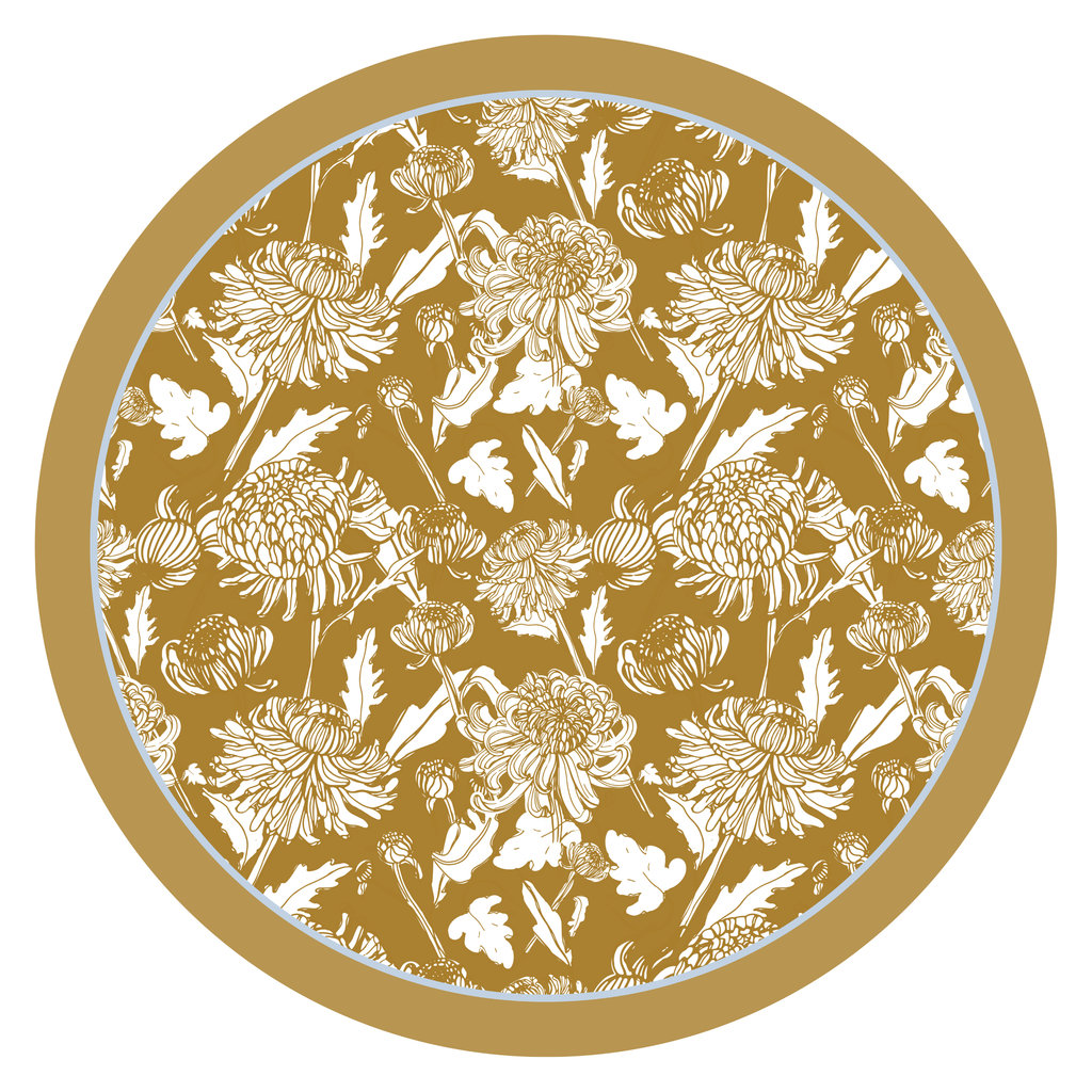 Honeyfield Mum 34 inch round leatherette mahjong mat with gold and white chrysanthemum print