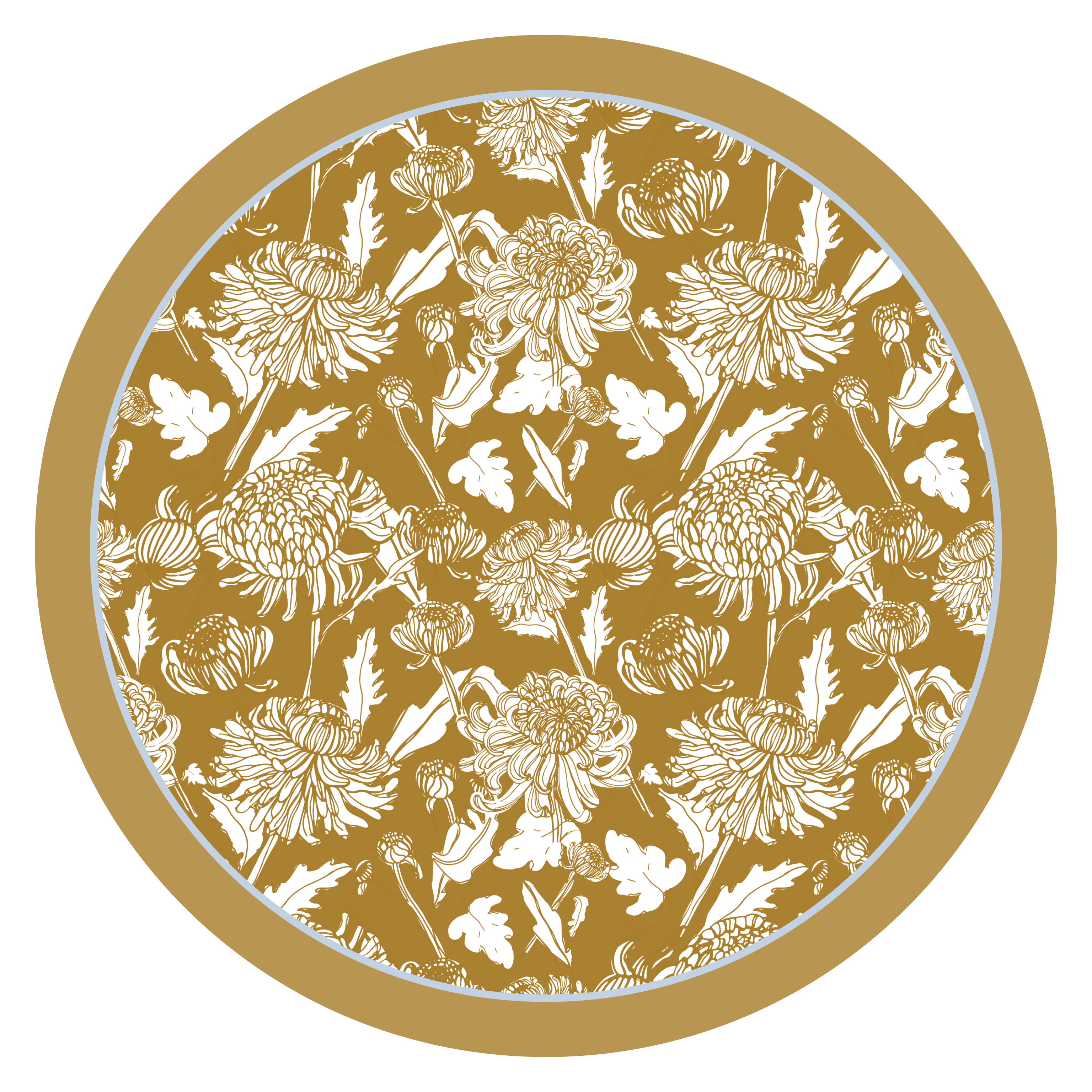 Honeyfield Mum 34 inch round leatherette mahjong mat with gold and white chrysanthemum print