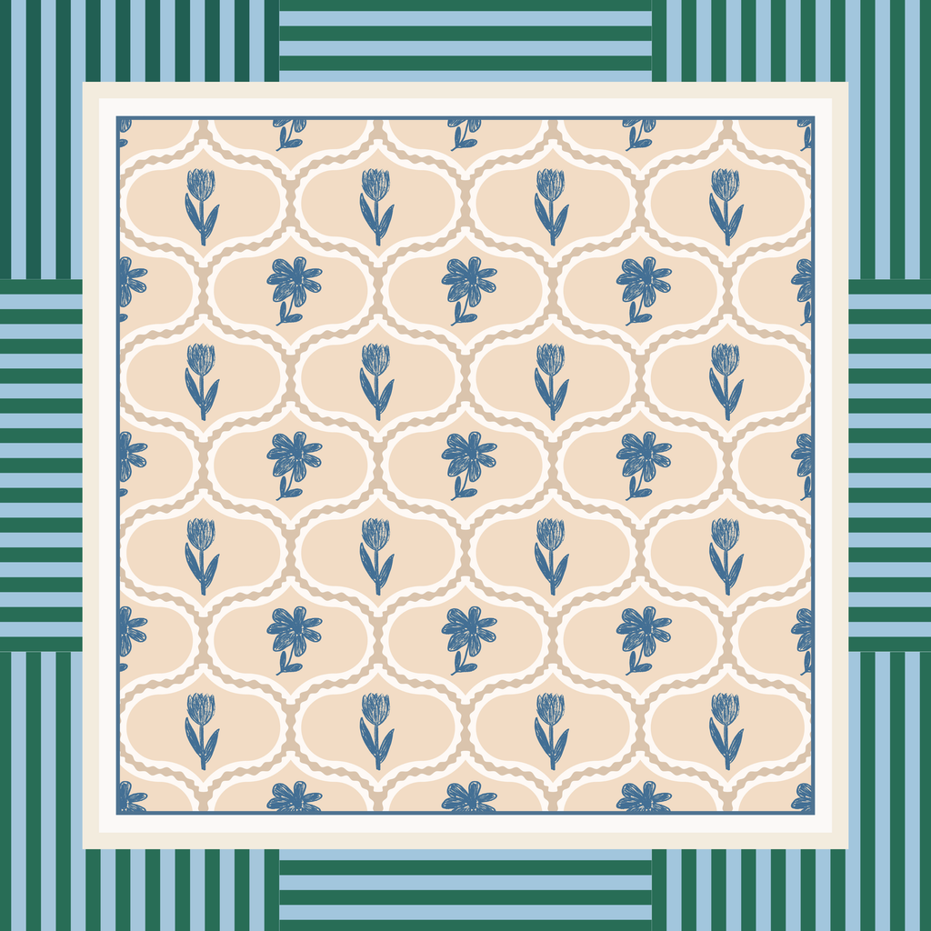 Beaufort Bay mahjong mat - denim blue and hunter green coastal floral design