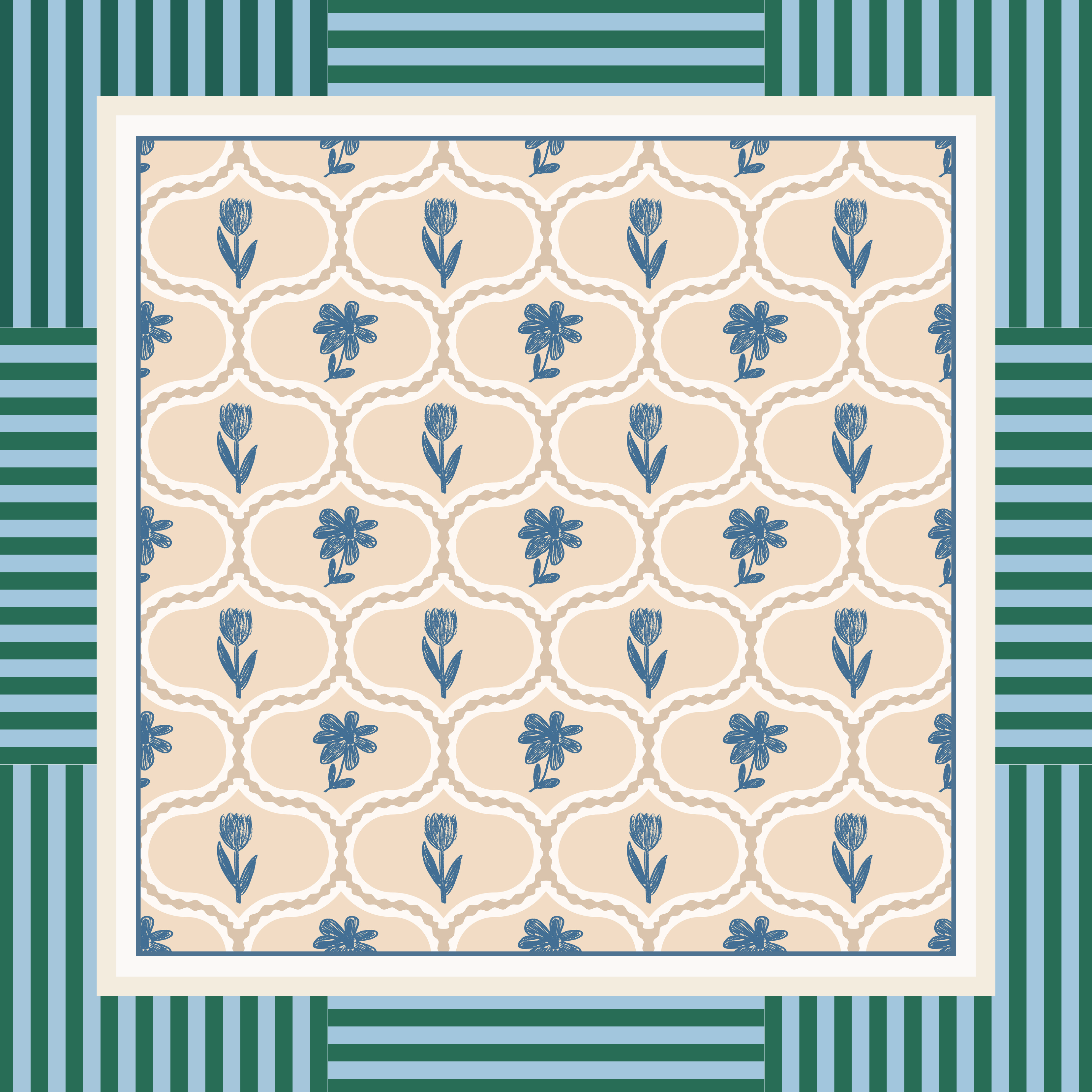 Beaufort Bay mahjong mat - denim blue and hunter green coastal floral design