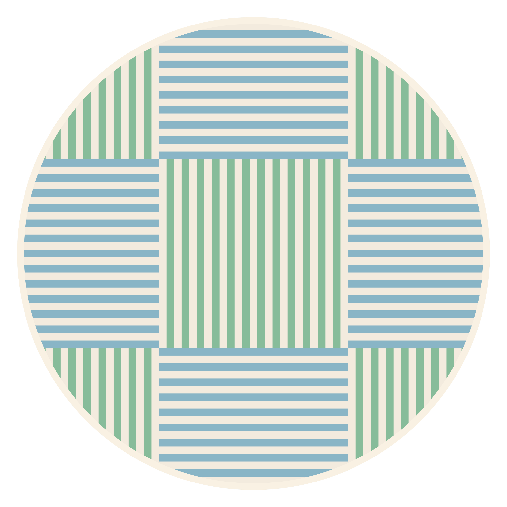 Harbour Weave 34 inch round leatherette mahjong mat with coastal blue and sage green basketweave print