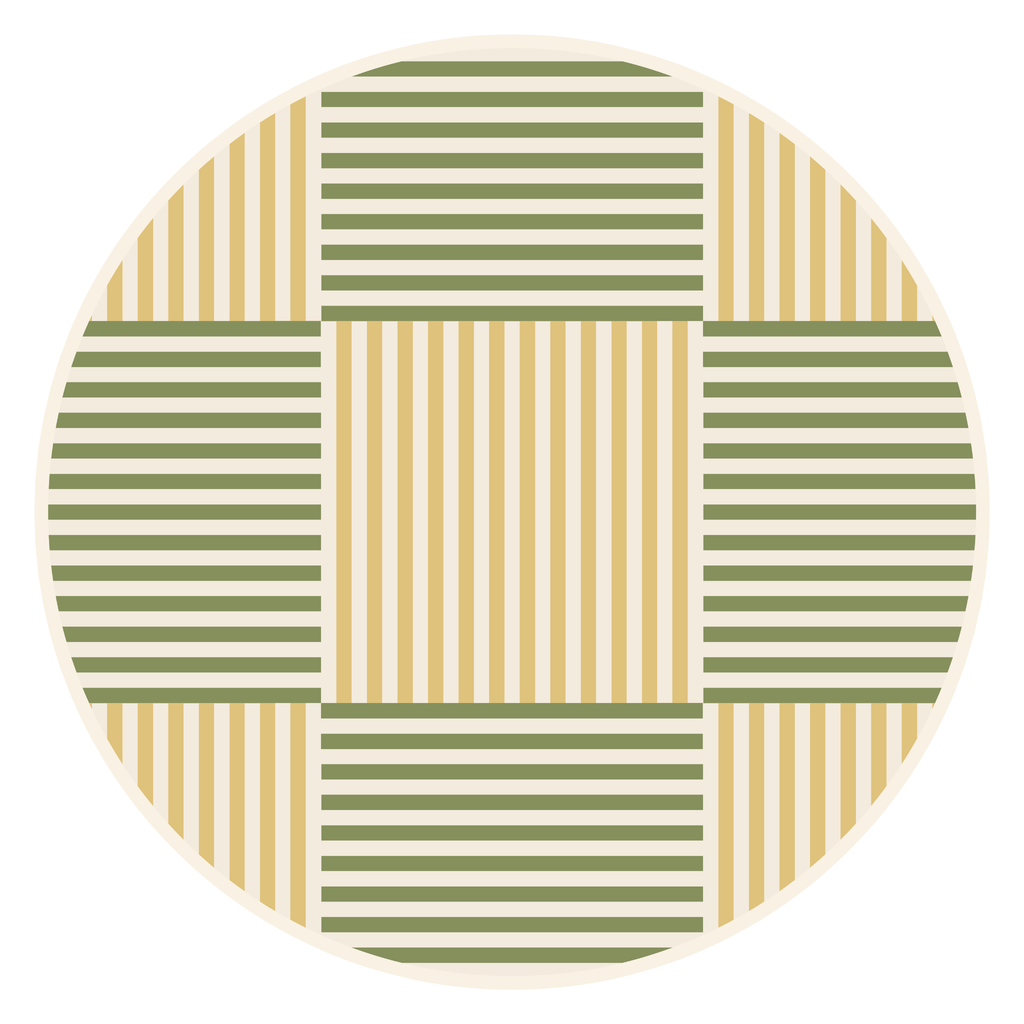 Meadow Weave 34 inch round leatherette mahjong mat with olive green and mustard gold basketweave print