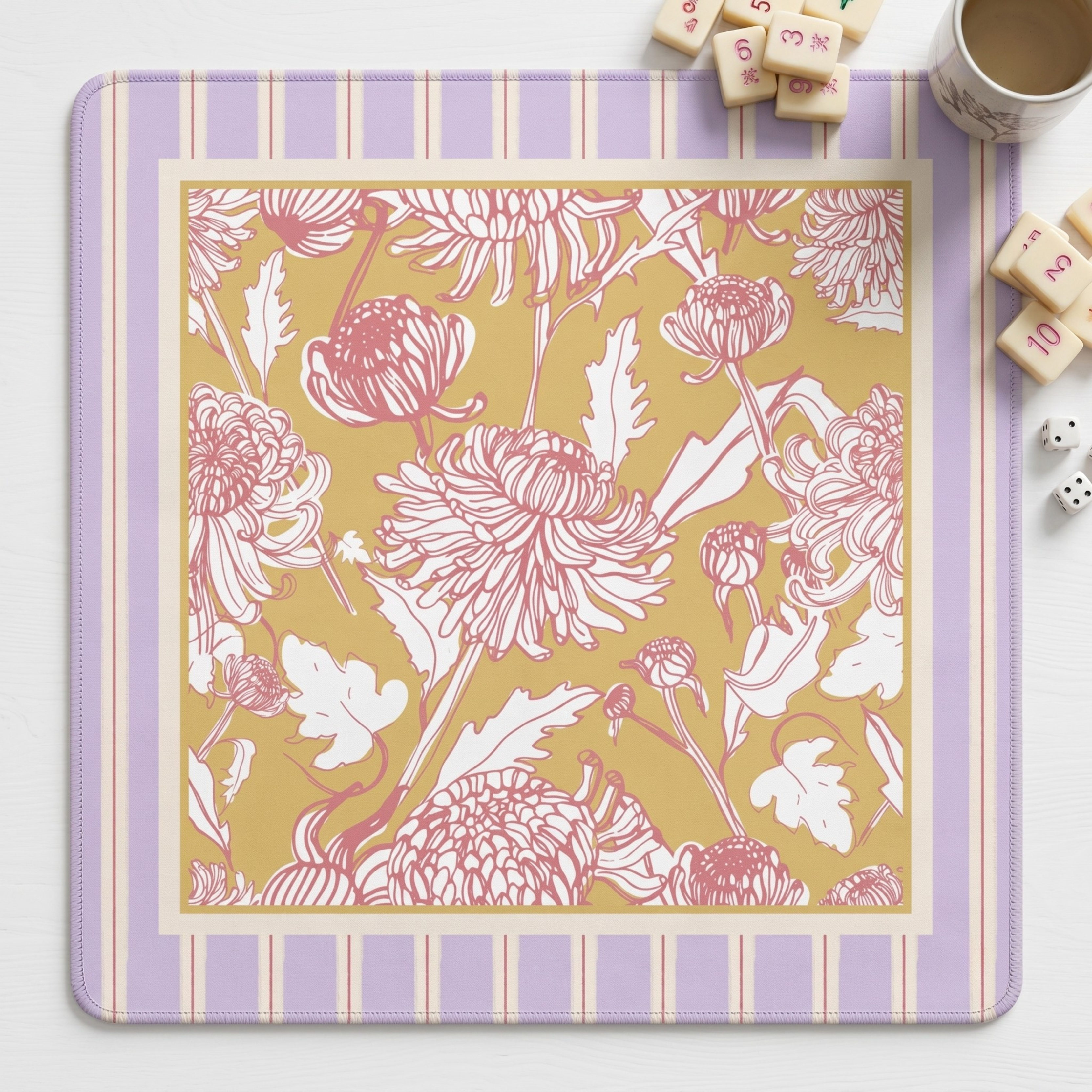 Camellia Cottage mahjong mat shown rolled with drawstring canvas storage bag