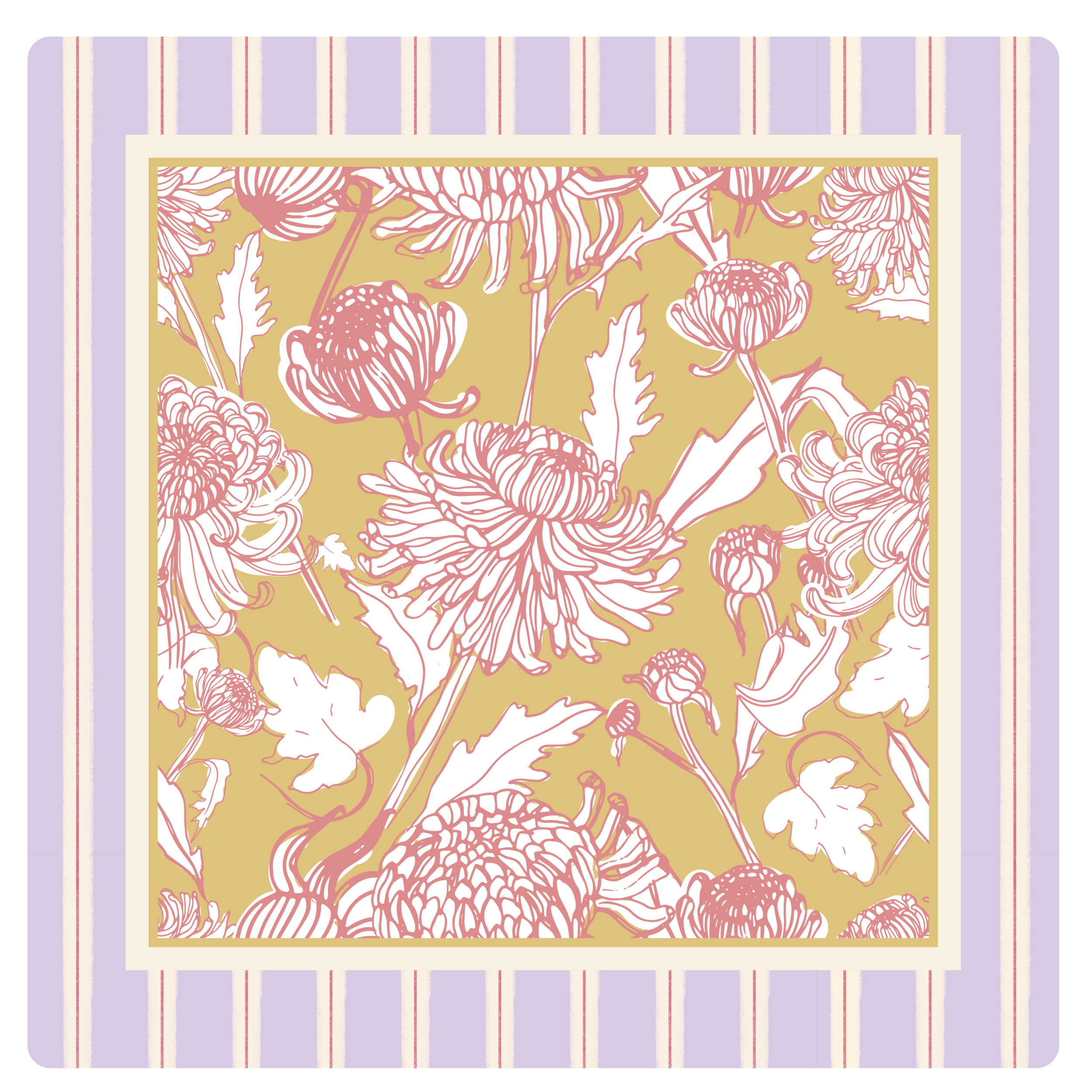 Camellia Cottage mahjong mat, 33x33 inch, pink and white chrysanthemum floral pattern on mustard yellow background with lavender striped border