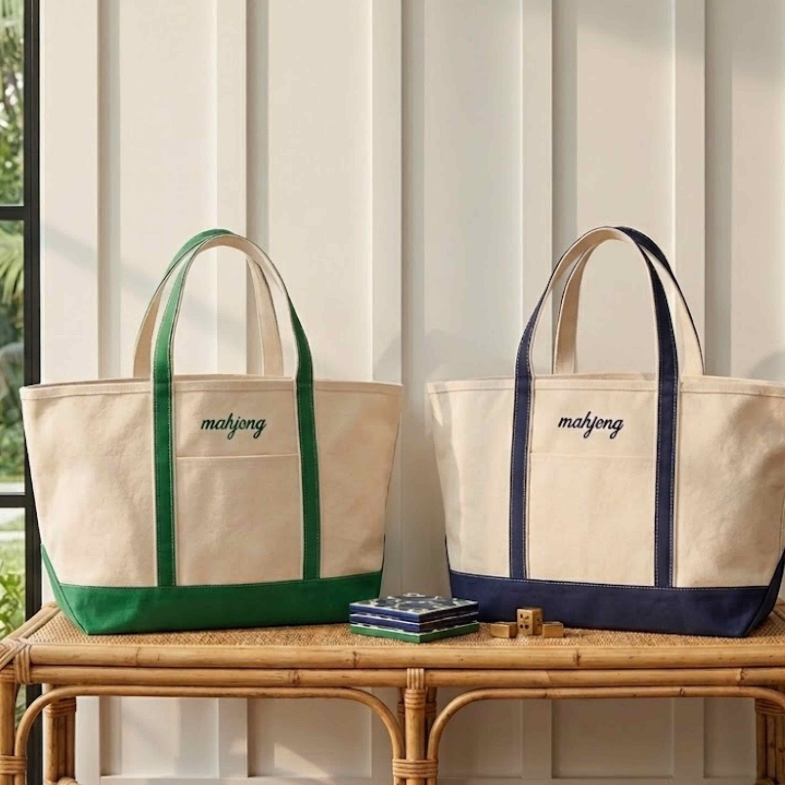 Mahjong Tote Bag Set With Matching Zipper Pouch Heavy Duty Canvas Material Embroidered Script Design Two Tone Color Beige Body Navy Green Accents Perfect Game Storage Solution Eco Friendly Carry Bag Large Tote Organizer Cultural Gift For
