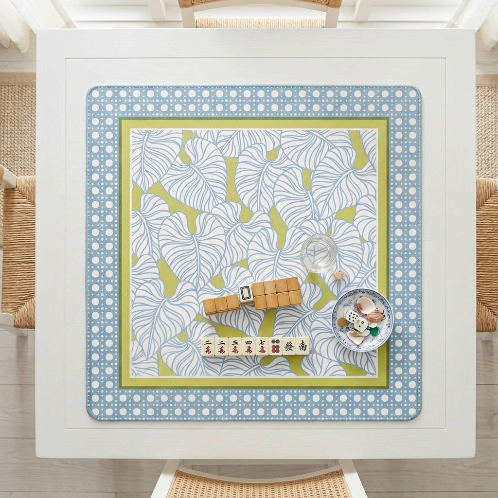 Calathea Coast mahjong mat, coastal blue botanical leaf pattern, non-slip neoprene