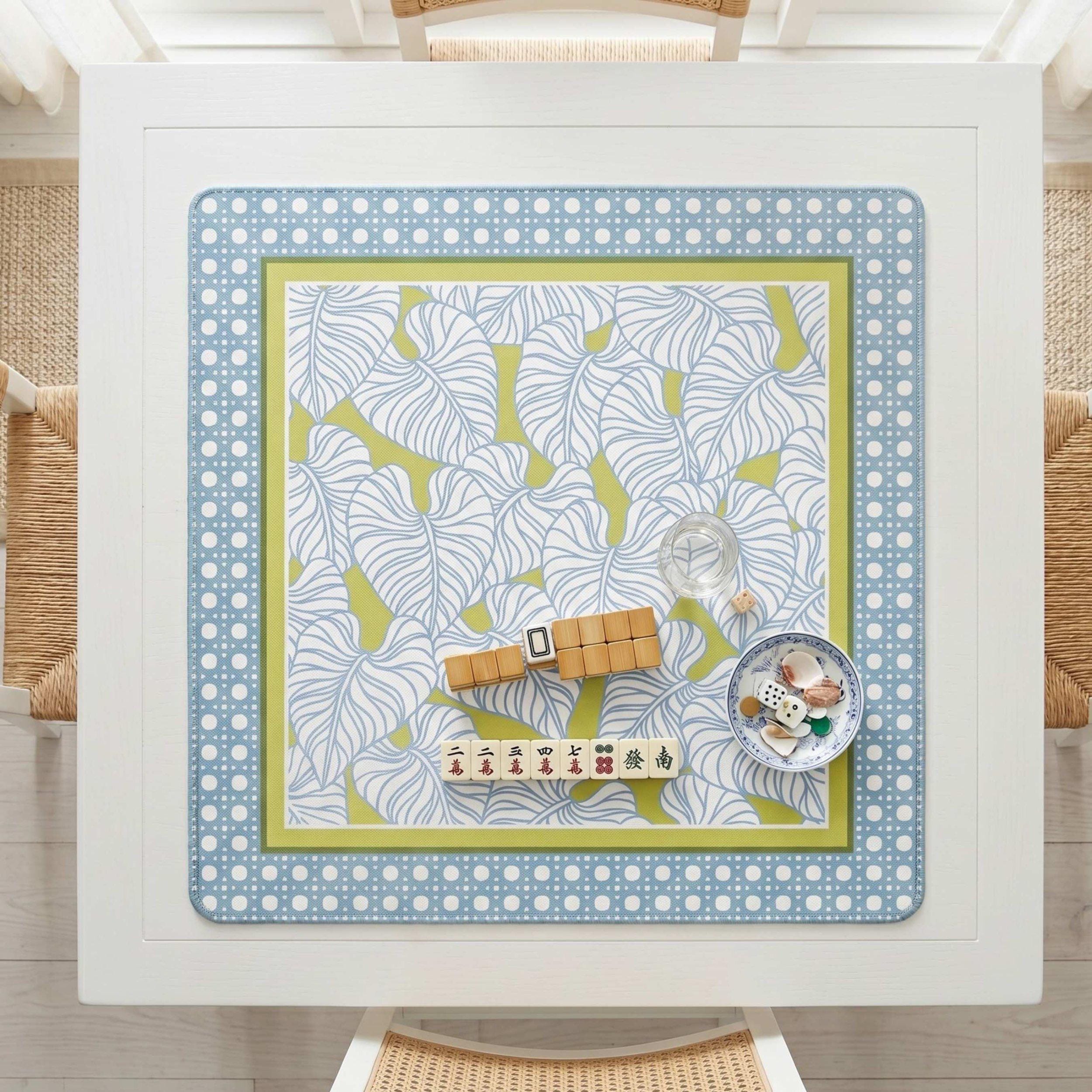 Calathea Coast mahjong mat, coastal blue botanical leaf pattern, non-slip neoprene