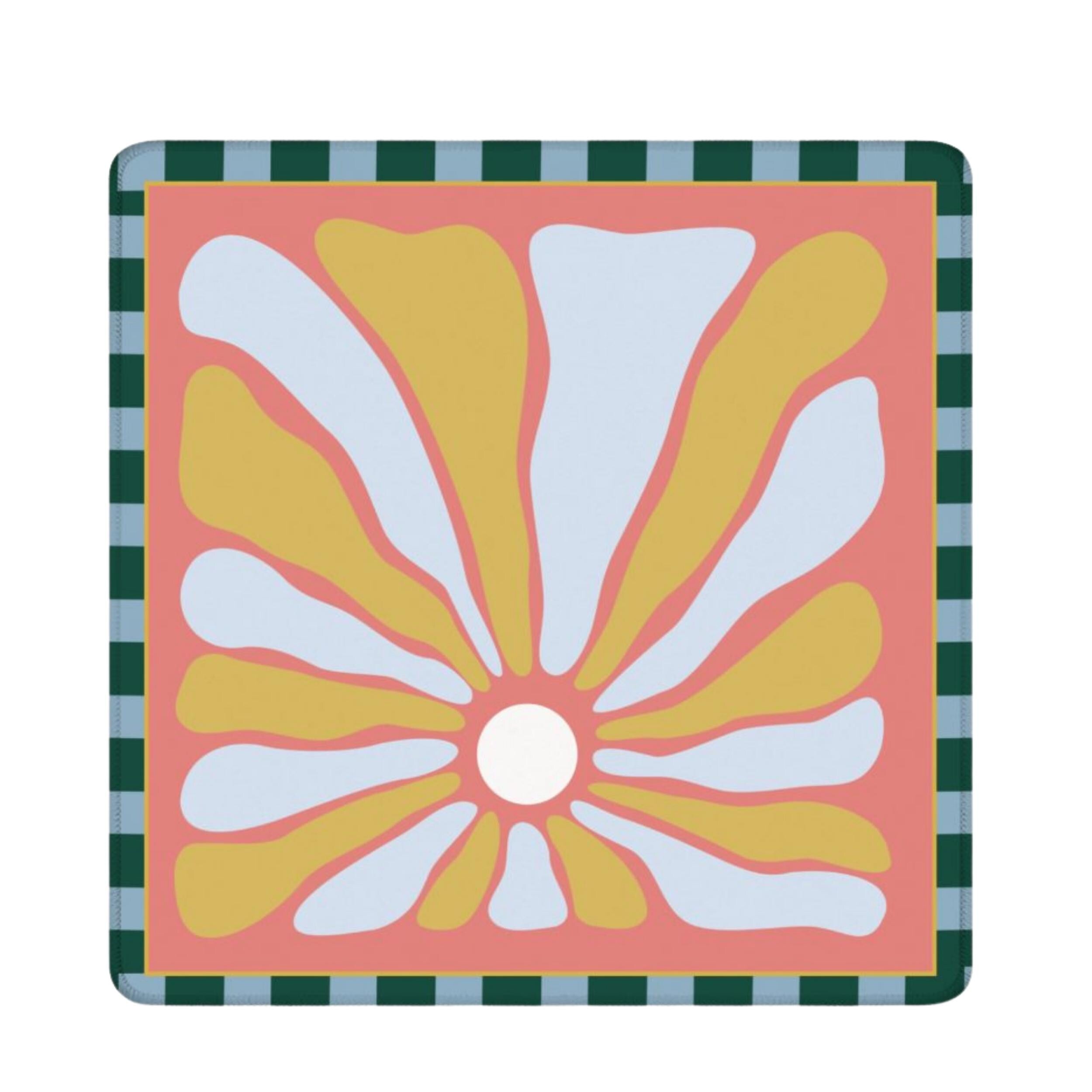 Dahlia mahjong mat, 31.5 inch square, coral and light blue floral pattern, non-slip rubber backing