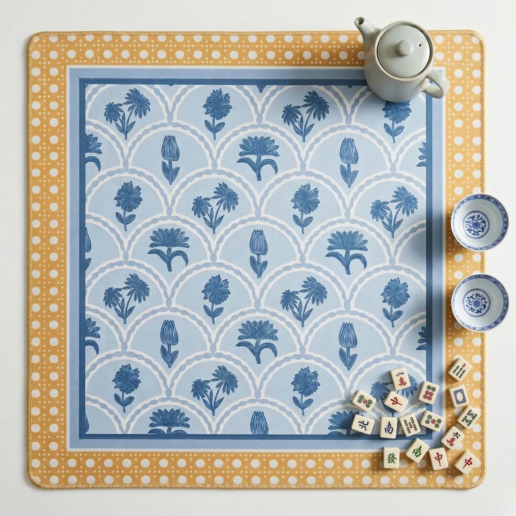 Cane & Coast mahjong mat, blue floral block print pattern, non-slip neoprene backing