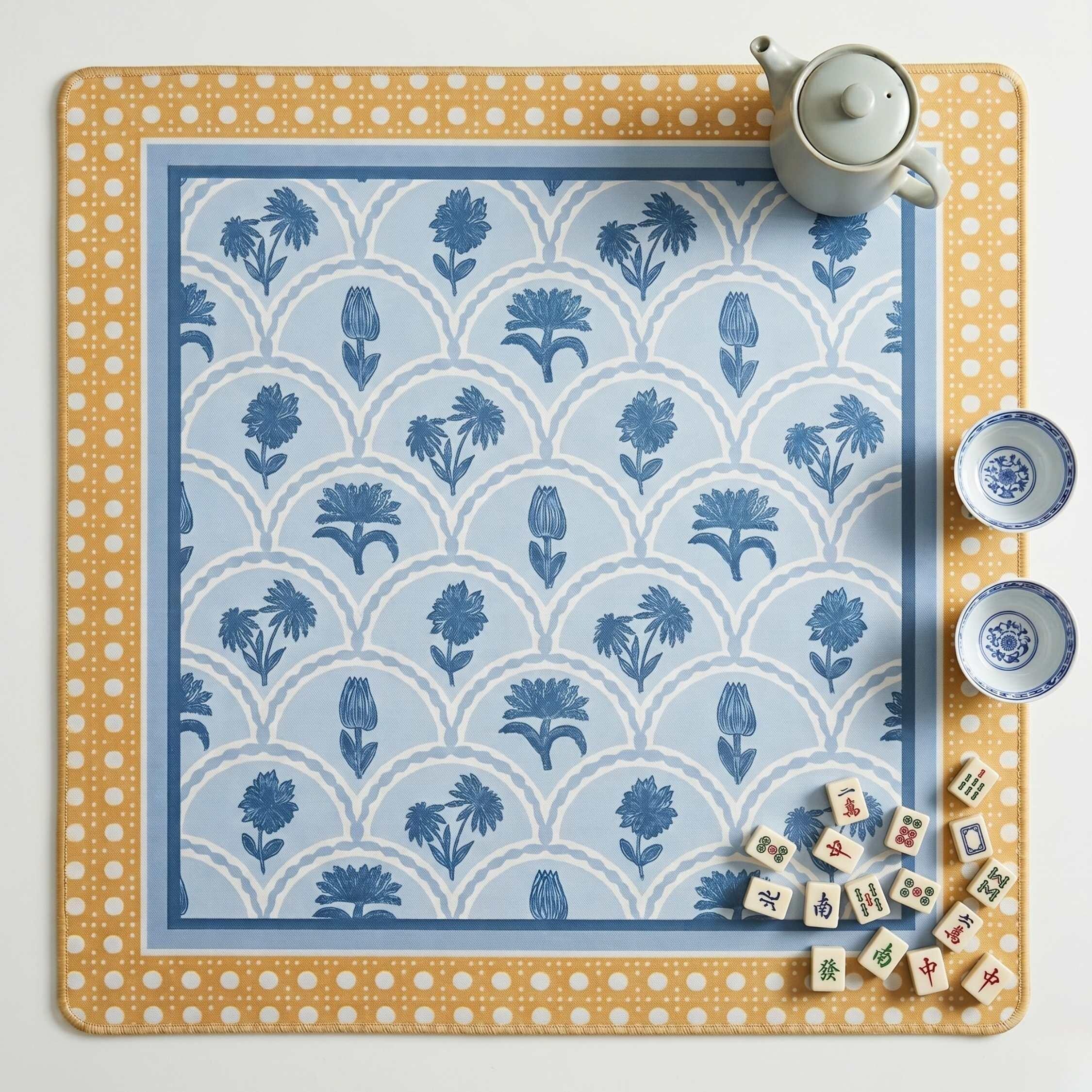 Cane & Coast mahjong mat, blue floral block print pattern, non-slip neoprene backing