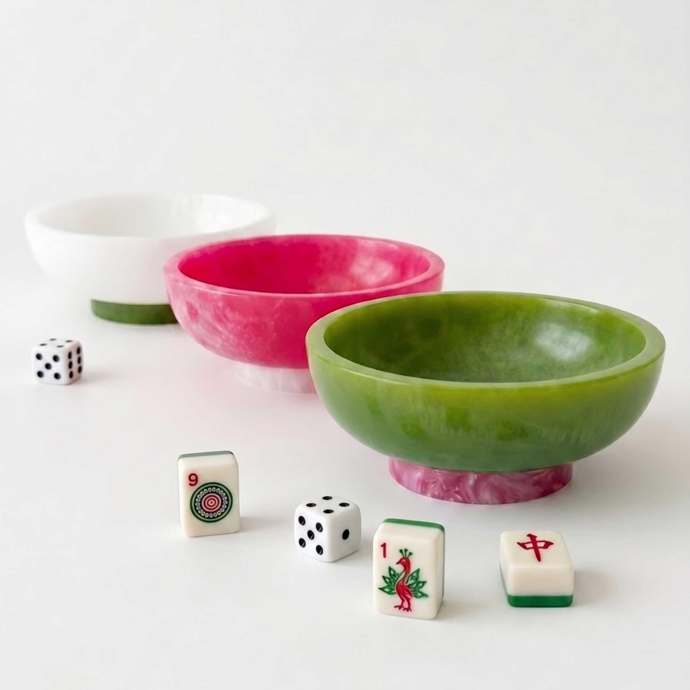 Handcrafted Resin Dice Bowl Set Three Pieces Mahjong Game Accessory Marbled Swirl Finish Pedestal Base Design Gaming Table Essential Pink Green White Color Collection Jewelry Trinket Holder Ring Storage Organizer Glossy Surface Unique