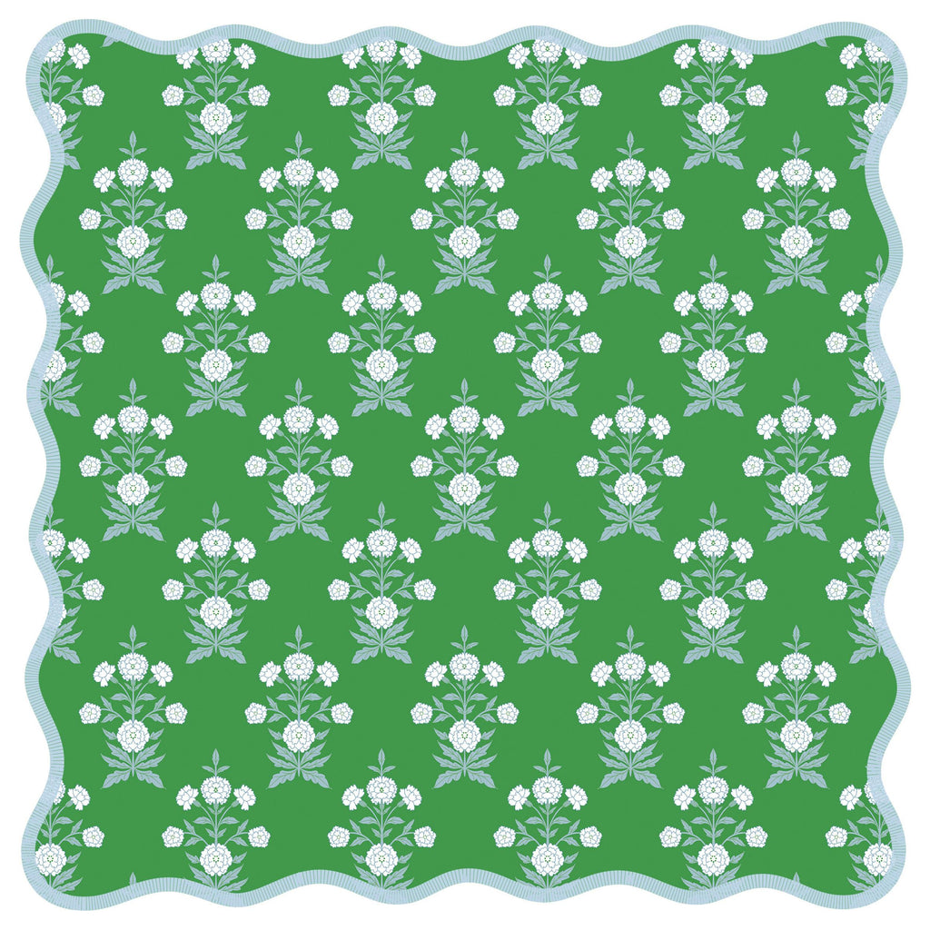 The Willow mahjong mat, green floral block print, light blue scalloped border, non-slip neoprene