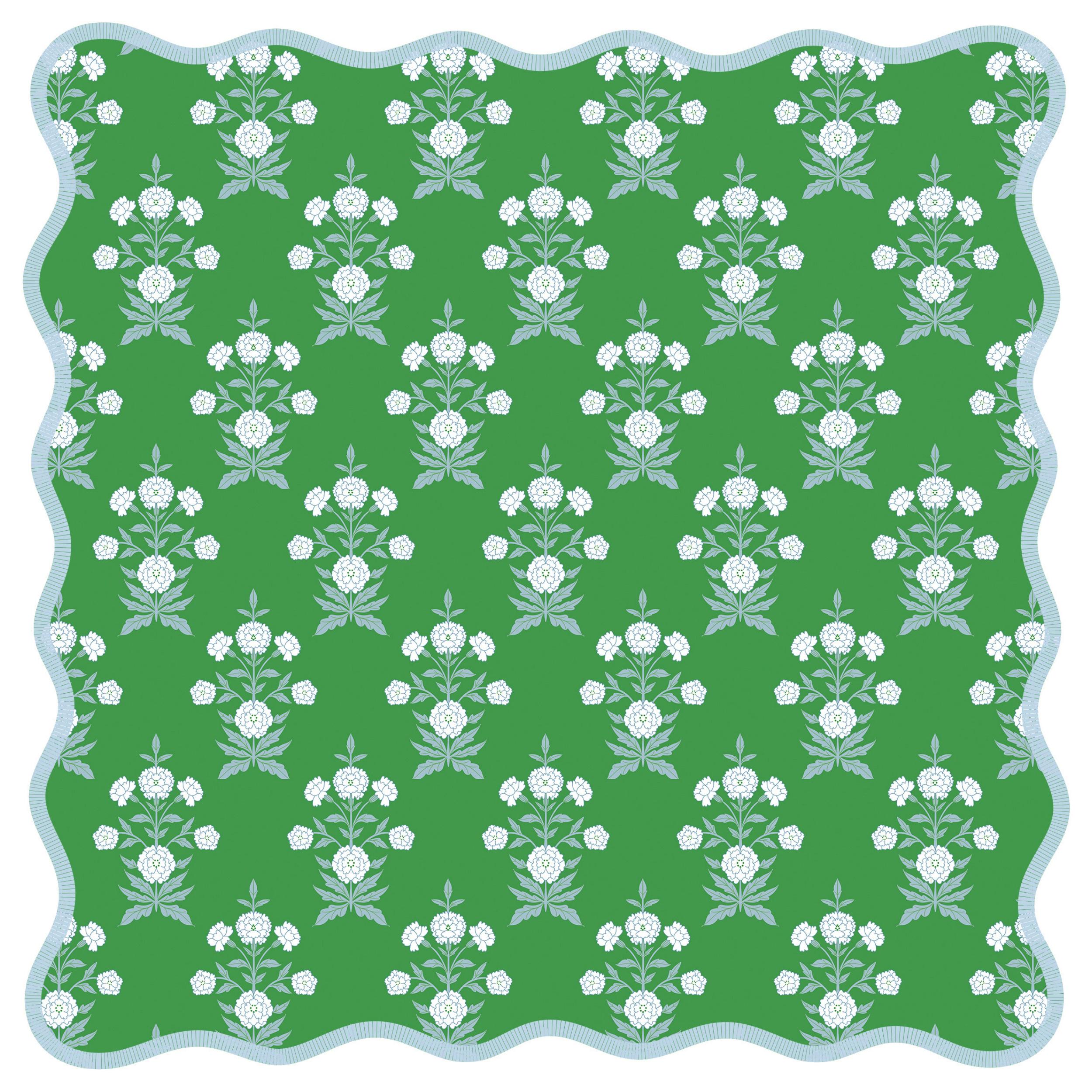 The Willow mahjong mat, green floral block print, light blue scalloped border, non-slip neoprene