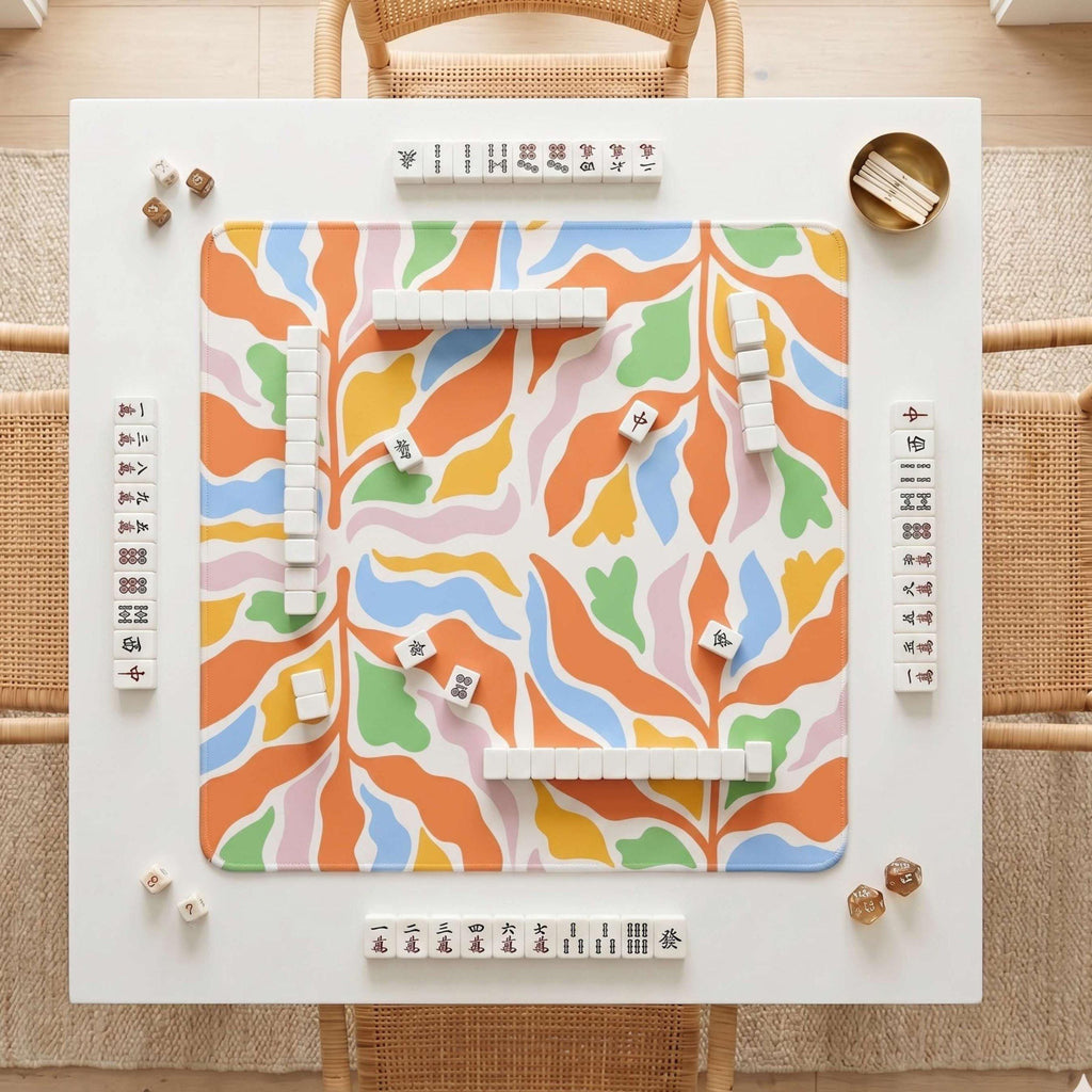 Morning Mimosa mahjong mat, colorful pastel floral pattern, non-slip neoprene backing