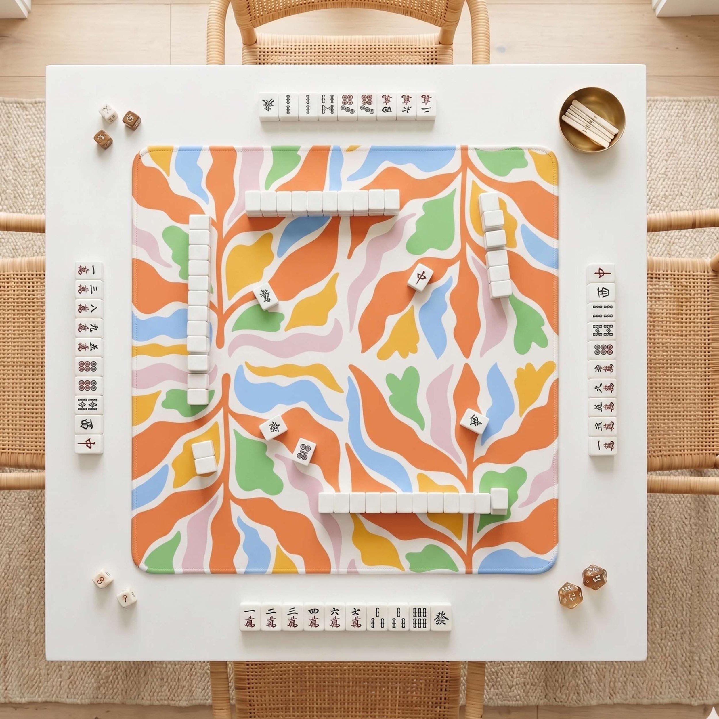 Morning Mimosa mahjong mat, colorful pastel floral pattern, non-slip neoprene backing