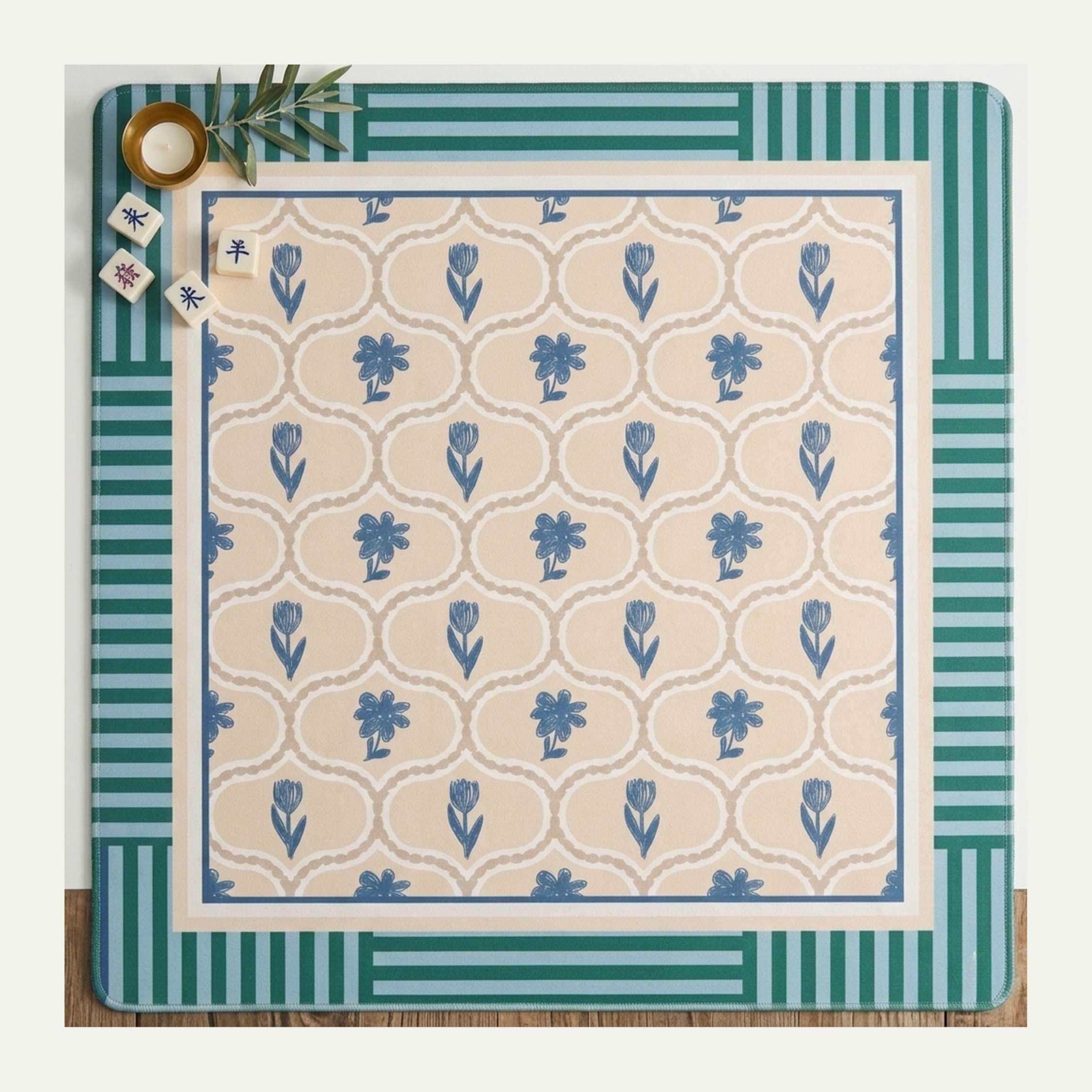 Beaufort Bay mahjong mat, green and blue floral block print pattern, non-slip neoprene backing
