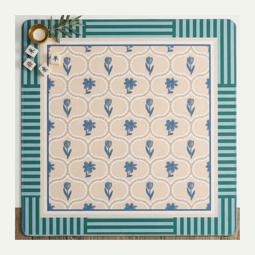 Beaufort Bay mahjong mat, green and blue floral block print pattern, non-slip neoprene backing
